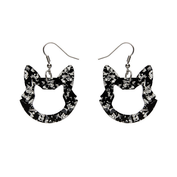 Cat Head Chunky Glitter Resin Drop Earrings - Silver