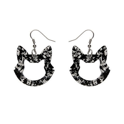 Cat Head Chunky Glitter Resin Drop Earrings - Silver