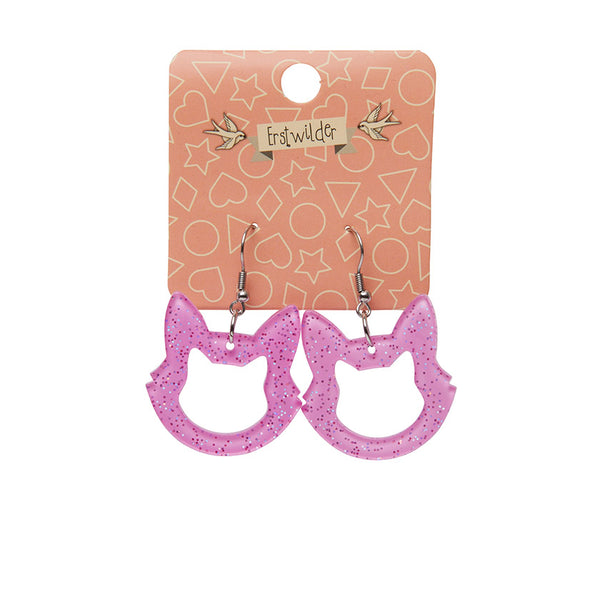 Cat Head Glitter Resin Drop Earrings - Pink