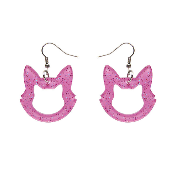 Cat Head Glitter Resin Drop Earrings - Pink