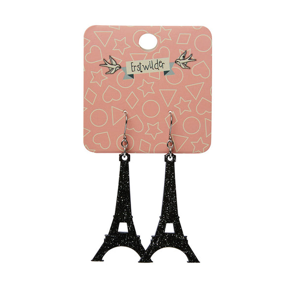 Eiffel Tower Glitter Resin Drop Earrings - Black