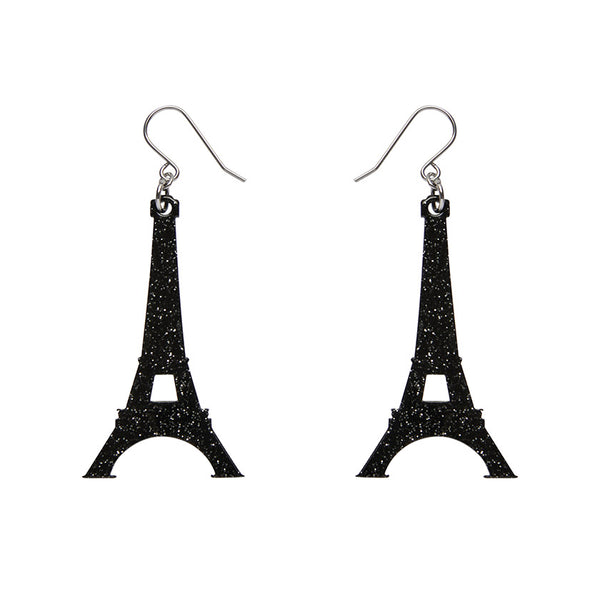 Eiffel Tower Glitter Resin Drop Earrings - Black