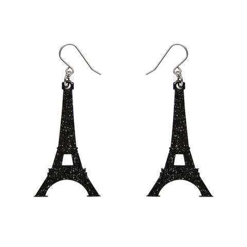 Eiffel Tower Glitter Resin Drop Earrings - Black