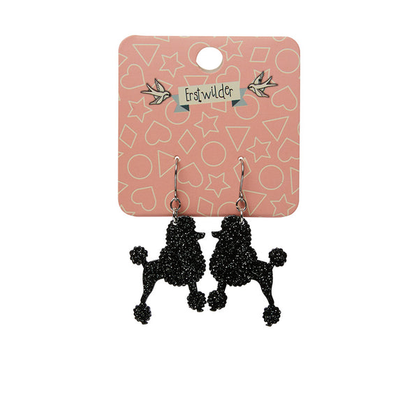 Poodle Glitter Hook Drop Earrings - Black