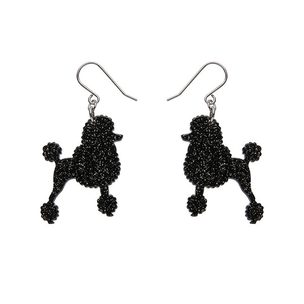 Poodle Glitter Hook Drop Earrings - Black