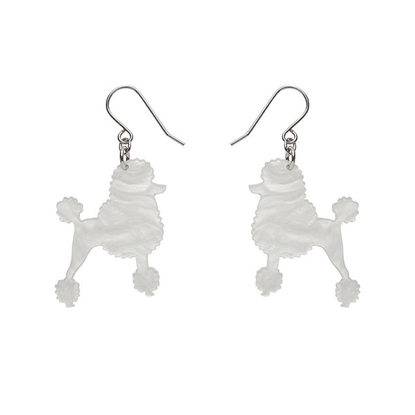 Poodle Glitter Hook Drop Earrings - White