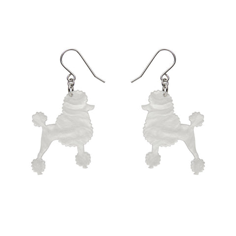 Poodle Glitter Hook Drop Earrings - White