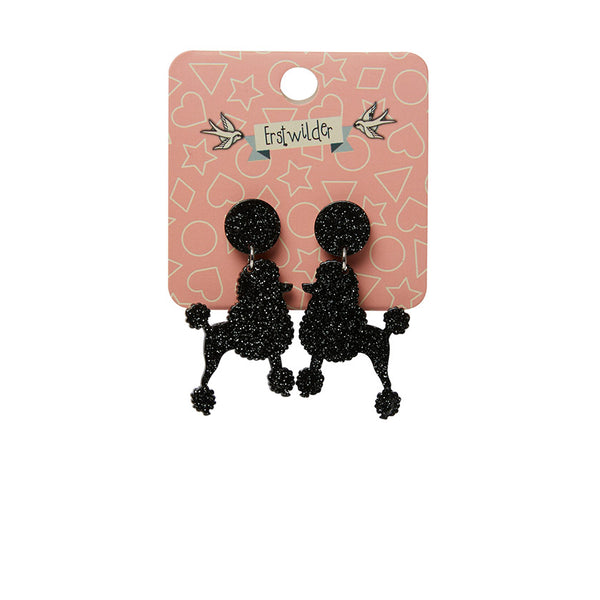 Poodle Glitter Post Drop Earrings - Black
