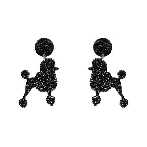 Poodle Glitter Post Drop Earrings - Black