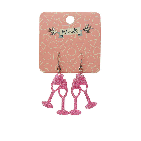 Champagne Flute Glitter Drop Earrings - Pink