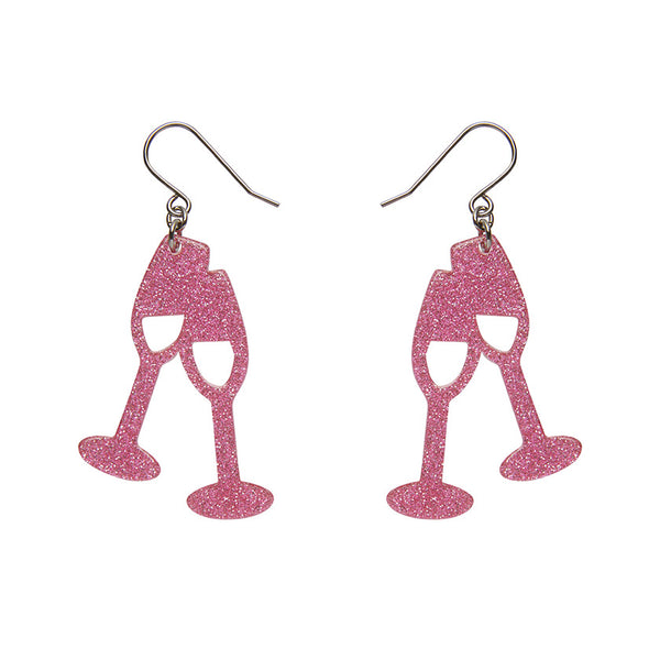 Champagne Flute Glitter Drop Earrings - Pink