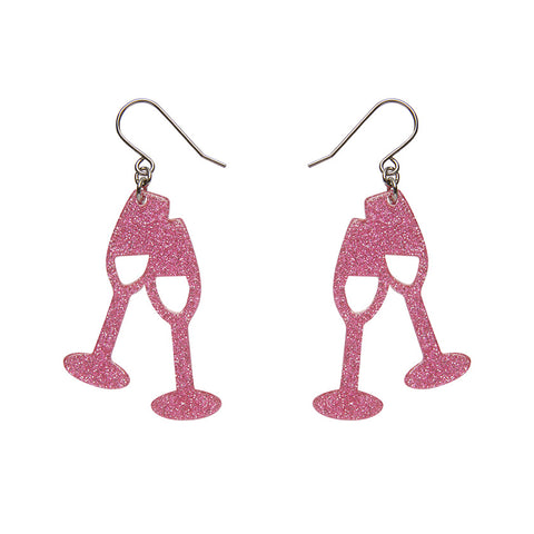 Champagne Flute Glitter Drop Earrings - Pink