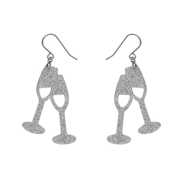 Champagne Flute Glitter Drop Earrings - Silver