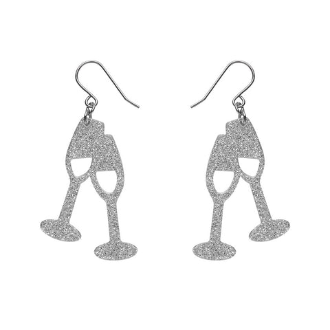 Champagne Flute Glitter Drop Earrings - Silver