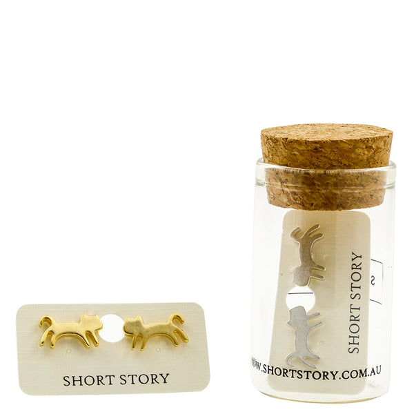 Jumping Cat Stud Earrings - Gold