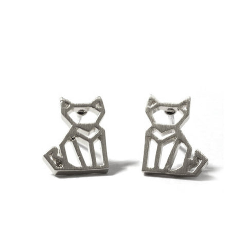 Origami Stencil Stud Earrings - Silver Cat