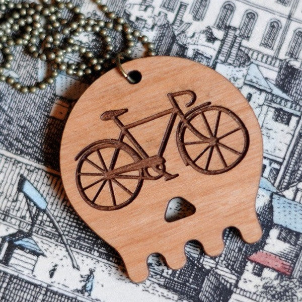Wooden Skull Bicycle Necklace