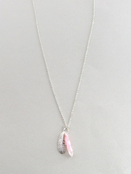 Silver Pink Crystal & Feather Necklace