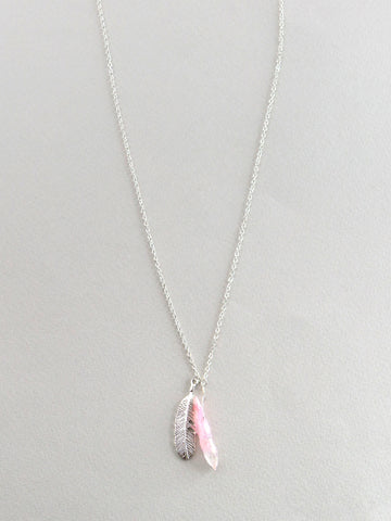 Silver Pink Crystal & Feather Necklace