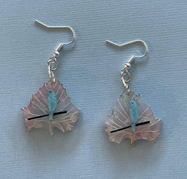 Cherry Blossom Blue Bird Leaf Earrings