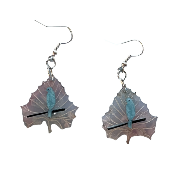 Cherry Blossom Blue Bird Leaf Earrings