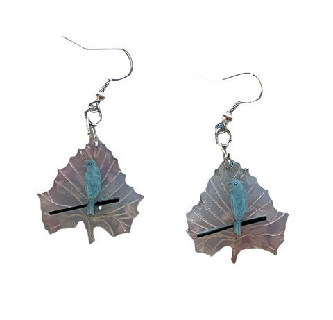 Cherry Blossom Blue Bird Leaf Earrings